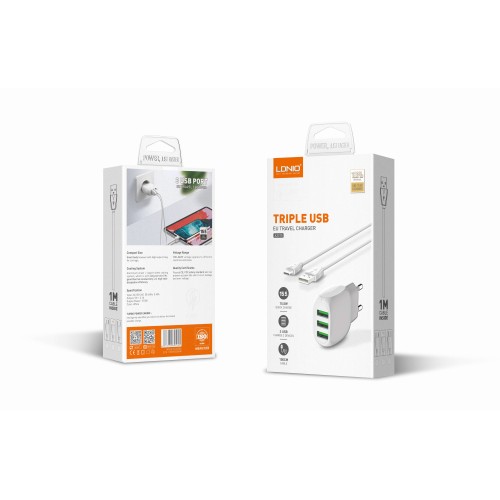 Адаптер мережевий LDNIO Micro USB Cable A3315 |3USB, 3.1A| white