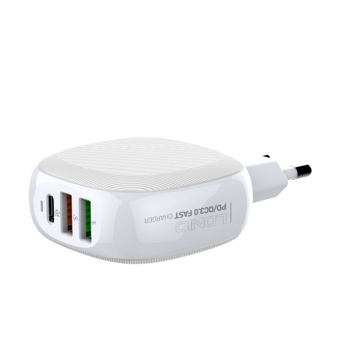 Адаптер мережевий LDNIO Type-C to Lightning Cable A3510Q |2USB/1Type-C, QC/PD, 3A/28.5W| white