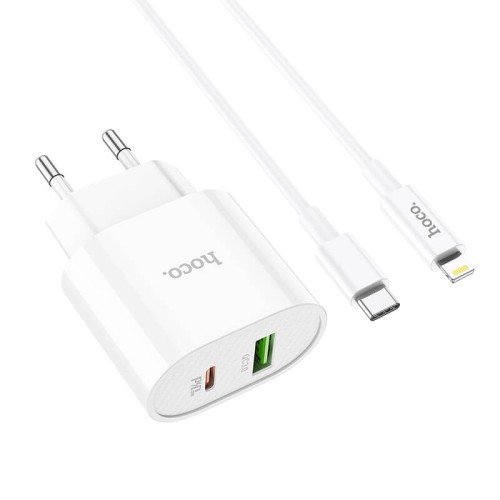 Адаптер мережевий HOCO Type-C to Lightning Cable Lineal C95A |1USB/1Type-C, PD/QC, 20W/3A| white