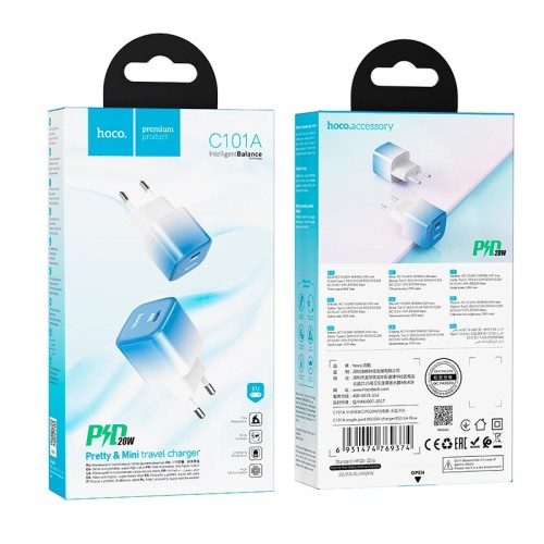 Адаптер мережевий HOCO single port charger C101A |Type-C, PD, 3A/20W| blue