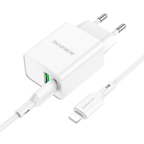 Адаптер мережевий BOROFONE Type-C to Lightning Cable Resource charger BA69A |1USB/1Type-C, 20W/3A, PD/QC| white