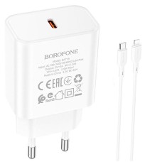 Адаптер мережевий BOROFONE Type-C to Lightning Cable Power single port charger set BA71A |1Type-C, 20W/3A, PD/QC| white