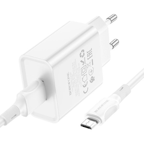 Адаптер мережевий BOROFONE Micro USB Cable Aspirer single port charger set BA74A |1USB, 2.1A| white