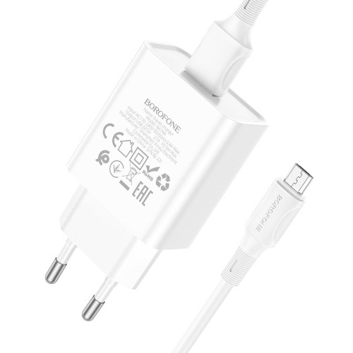 Адаптер мережевий BOROFONE Micro USB Cable Aspirer single port charger set BA74A |1USB, 2.1A| white