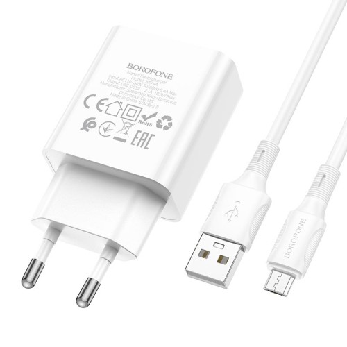 Адаптер мережевий BOROFONE Micro USB Cable Aspirer single port charger set BA74A |1USB, 2.1A| white