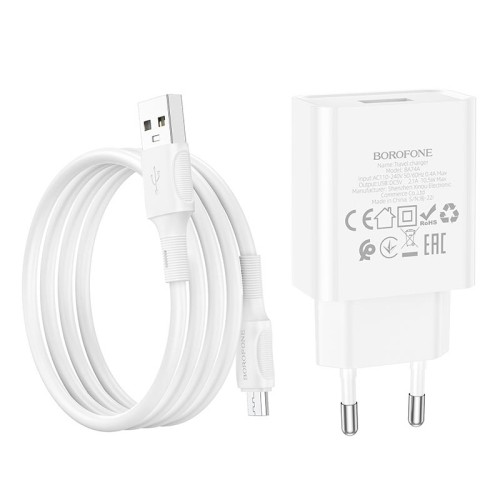 Адаптер мережевий BOROFONE Micro USB Cable Aspirer single port charger set BA74A |1USB, 2.1A| white