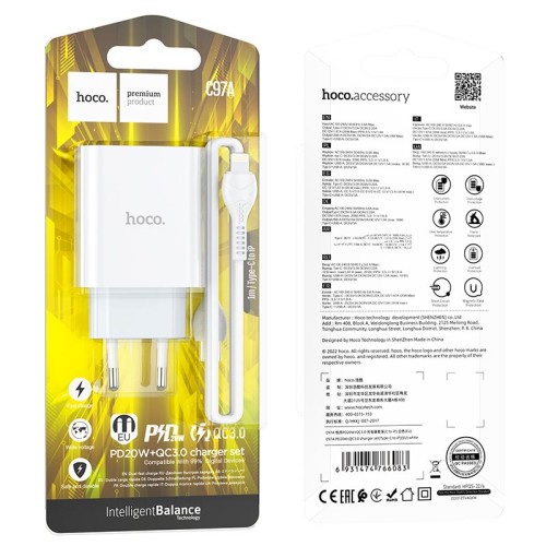 Адаптер мережевий HOCO Type-C to Lightning charger set C97A |1USB/1Type-C, 20W/3A, QC/PD| white