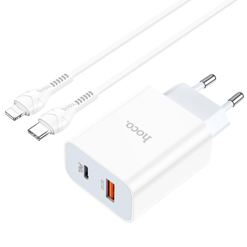 Адаптер мережевий HOCO Type-C to Lightning charger set C97A |1USB/1Type-C, 20W/3A, QC/PD| white