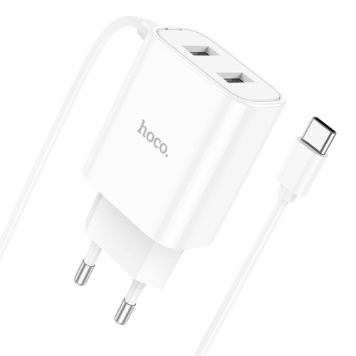Адаптер мережевий HOCO Type-C Cable Courser dual-port charger C103A |2USB, 2.1A| white