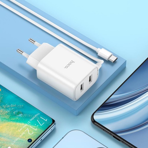 Адаптер мережевий HOCO Type-C Cable Courser dual-port charger C103A |2USB, 2.1A| white