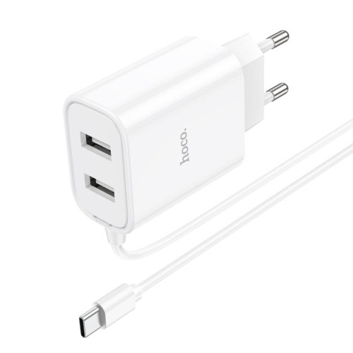 Адаптер мережевий HOCO Type-C Cable Courser dual-port charger C103A |2USB, 2.1A| white