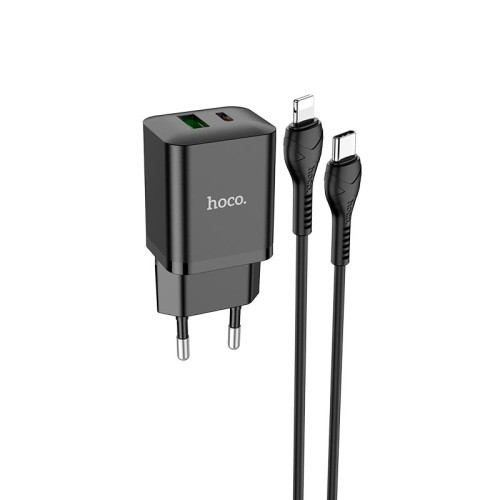 Адаптер мережевий HOCO Type-C to Lightning Cable Founder charger set N28 |1USB/1Type-C, 20W/3A, PD/QC| black