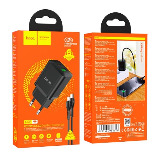 Адаптер мережевий HOCO Type-C to Lightning Cable Founder charger set N28 |1USB/1Type-C, 20W/3A, PD/QC| black