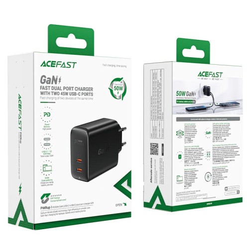 Адаптер мережевий ACEFAST GaN A29 |2Type-C, 50W/3A, PD/QC| black