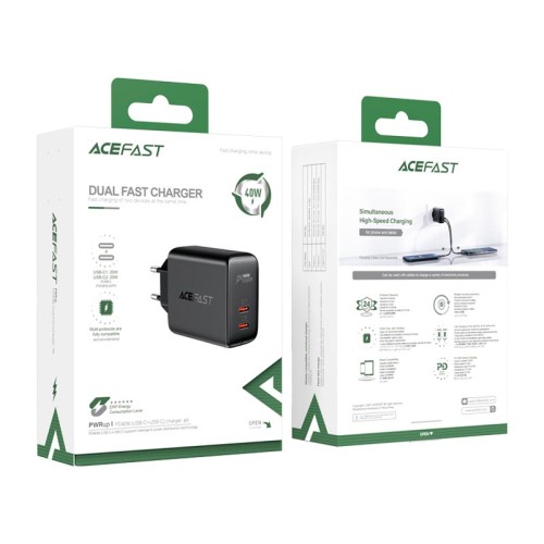Адаптер мережевий ACEFAST A9 |2Type-C, 40W/3A, PD/QC| black