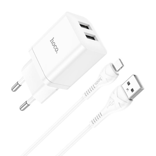 Адаптер мережевий HOCO Lightning Cable Maker dual port charger set N25 |2USB, 2.1A| white