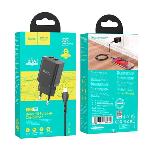 Адаптер мережевий HOCO Lightning Cable Maker dual port charger set N25 |2USB, 2.1A| white