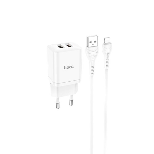 Адаптер мережевий HOCO Lightning Cable Maker dual port charger set N25 |2USB, 2.1A| white