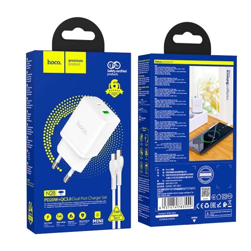 Адаптер мережевий HOCO Type-C to Type-C Cable Founder charger set N28 |1USB/1Type-C, 20W/3A, PD/QC| black