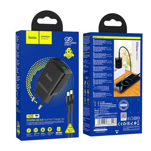 Адаптер мережевий HOCO Type-C to Type-C Cable Founder charger set N28 |1USB/1Type-C, 20W/3A, PD/QC| black