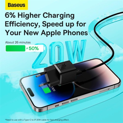 Адаптер мережевий OS-Baseus GaN5 Fast Charger (mini) 1C |1Type-C, QC/PD, 20W| black