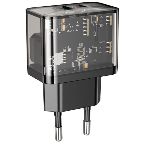 Адаптер мережевий HOCO Dazzling dual-port N34 |1USB/1Type-C, 20W/3A, PD/QC| transparent-black