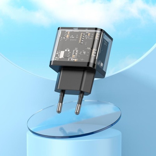 Адаптер мережевий HOCO Dazzling dual-port N34 |1USB/1Type-C, 20W/3A, PD/QC| transparent-black