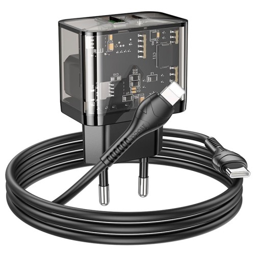 Адаптер мережевий HOCO Type-C to Lightning cable Dazzling dual-port N34 |1USB/1Type-C, 20W/3A, PD/QC| transparent-black