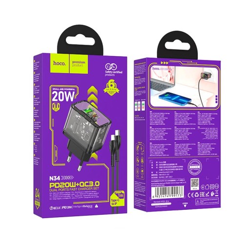 Адаптер мережевий HOCO Type-C to Lightning cable Dazzling dual-port N34 |1USB/1Type-C, 20W/3A, PD/QC| transparent-black