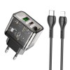 Адаптер мережевий HOCO Type-C to Lightning cable Dazzling dual-port N34 |1USB/1Type-C, 20W/3A, PD/QC| transparent-black