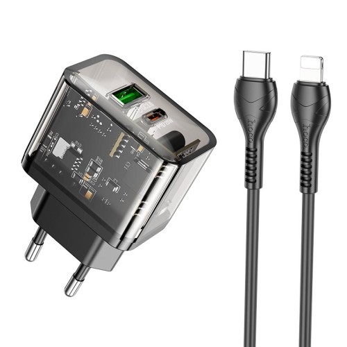 Адаптер мережевий HOCO Type-C to Lightning cable Dazzling dual-port N34 |1USB/1Type-C, 20W/3A, PD/QC| transparent-black