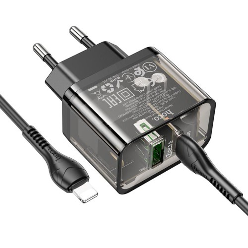 Адаптер мережевий HOCO Type-C to Lightning cable Dazzling dual-port N34 |1USB/1Type-C, 20W/3A, PD/QC| transparent-black
