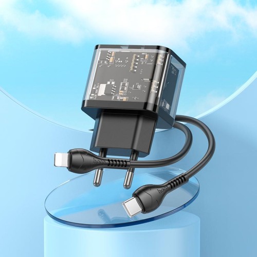 Адаптер мережевий HOCO Type-C to Lightning cable Dazzling dual-port N34 |1USB/1Type-C, 20W/3A, PD/QC| transparent-black
