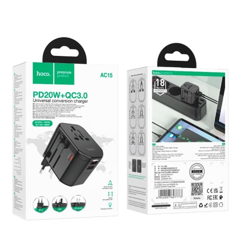Перехідник для розеток HOCO Walker three-port PD20W universal conversion charger  AC15 |2USB/Type-C| black