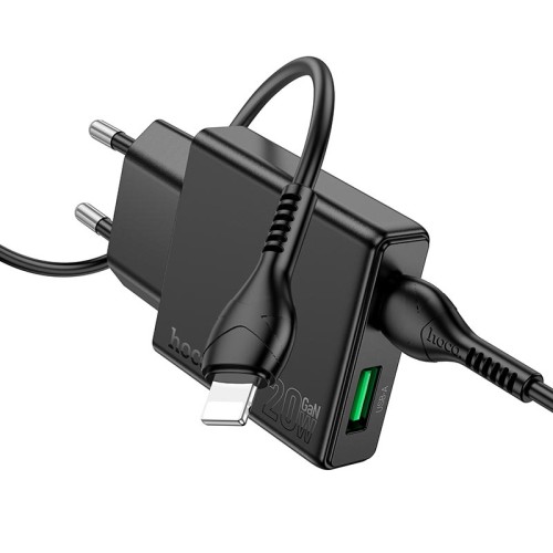 Адаптер мережевий HOCO Type-C to Lightning Delgado dual port charger N38 |1USB/1Type-C, 20W/3A, PD/QC| black