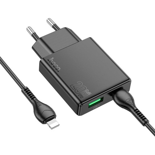 Адаптер мережевий HOCO Type-C to Lightning Delgado dual port charger N38 |1USB/1Type-C, 20W/3A, PD/QC| black