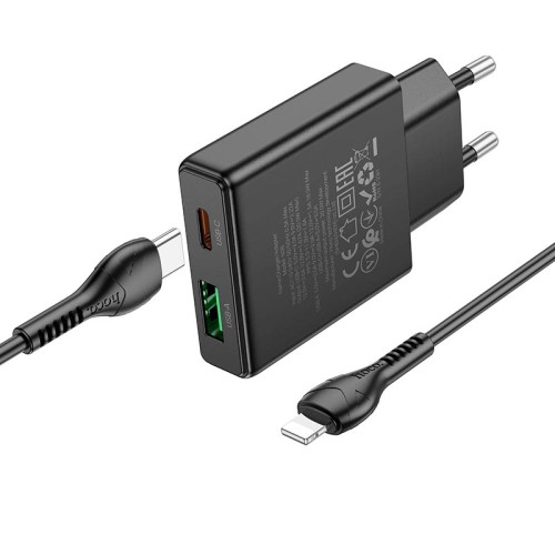 Адаптер мережевий HOCO Type-C to Lightning Delgado dual port charger N38 |1USB/1Type-C, 20W/3A, PD/QC| black