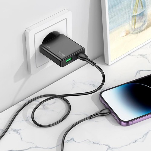 Адаптер мережевий HOCO Type-C to Lightning Delgado dual port charger N38 |1USB/1Type-C, 20W/3A, PD/QC| black
