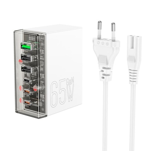 Адаптер мережевий HOCO Fuerza six-port charger N36 |3USB/3Type-C, 65W/3A, PD/QC| transparent-black