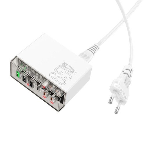 Адаптер мережевий HOCO Fuerza six-port charger N36 |3USB/3Type-C, 65W/3A, PD/QC| transparent-black