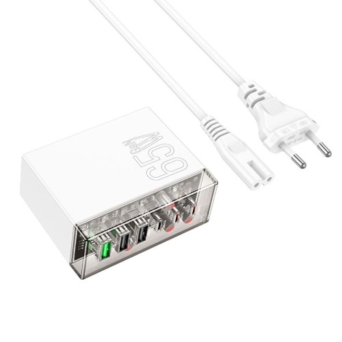 Адаптер мережевий HOCO Fuerza six-port charger N36 |3USB/3Type-C, 65W/3A, PD/QC| transparent-black