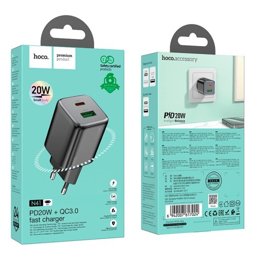 Адаптер мережевий Hoco Almighty charger N41 |1USB/1Type-C, 20W/3A, PD/QC| white