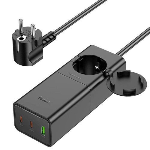 Адаптер мережевий Hoco Sharp desktop socket NS4 |1USB/2Type-C, 65W/3A, PD/QC, 4000W Socket| black