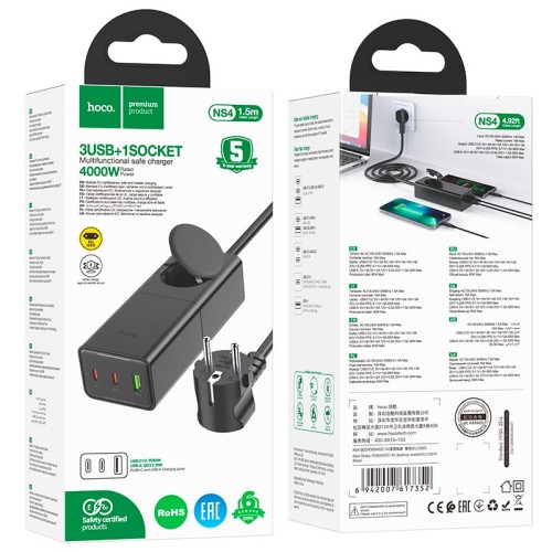 Адаптер мережевий Hoco Sharp desktop socket NS4 |1USB/2Type-C, 65W/3A, PD/QC, 4000W Socket| black
