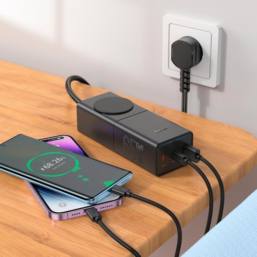 Адаптер мережевий Hoco Sharp desktop socket NS4 |1USB/2Type-C, 65W/3A, PD/QC, 4000W Socket| black