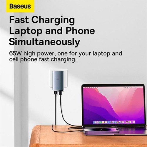 Адаптер мережевий Baseus GaN5 Pro Ultra-Slim Fast Charger C+U 65W (Overseas Edition) (CCGP150113) grey