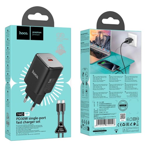 Адаптер мережевий HOCO Type-C to Type-C cable Vista single port charger N43 |Type-C, QC/PD, 30W/3A| white
