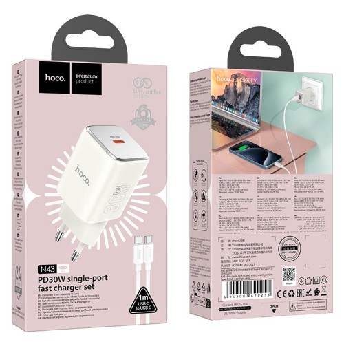 Адаптер мережевий HOCO Type-C to Type-C cable Vista single port charger N43 |Type-C, QC/PD, 30W/3A| white