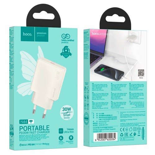Адаптер мережевий HOCO Biscuit single port charger N44 |Type-C, QC/PD, 30W/3A| white