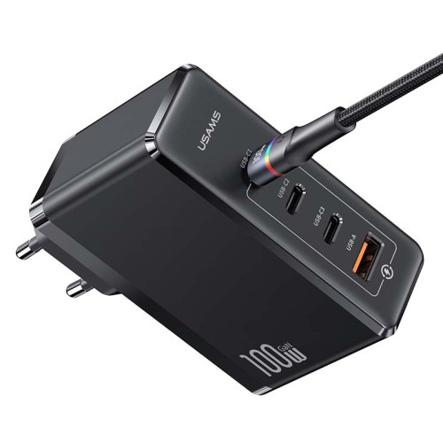Адаптер мережевий USAMS T50 100W 4 Ports GaN Fast Charger US-CC163 |1USB/3Type-C, 100W/5A, PD/Q| black